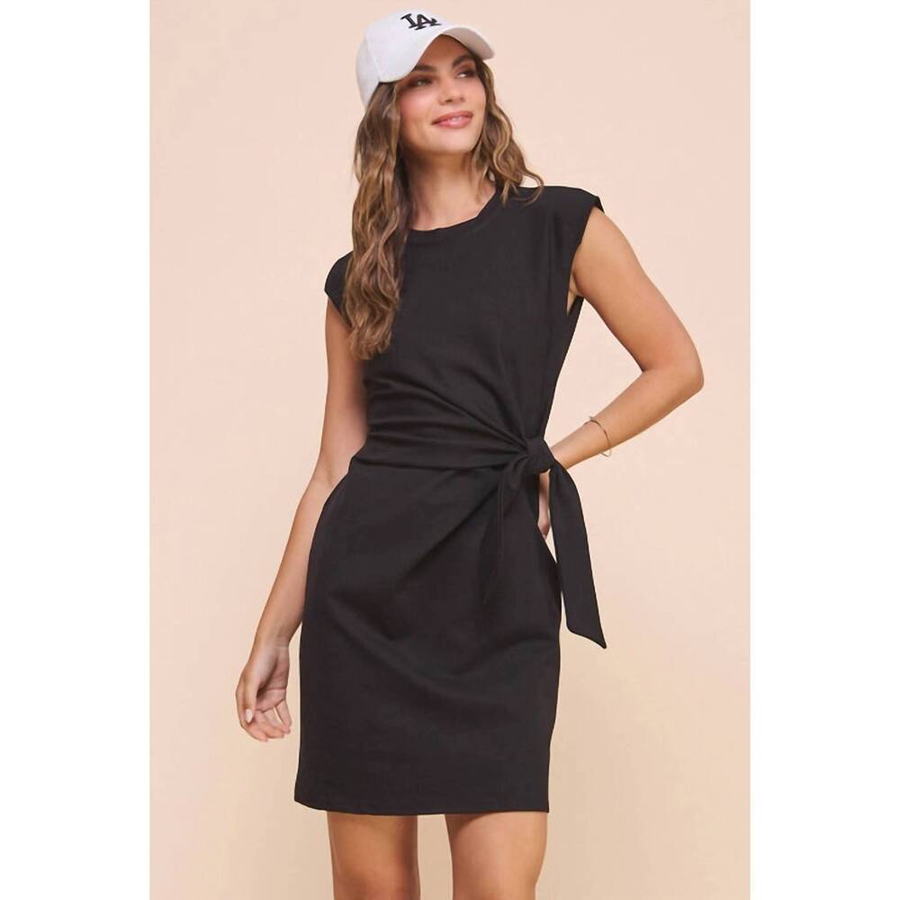 NEW KLD. SIGNATURE cap sleeve side tie dress in black